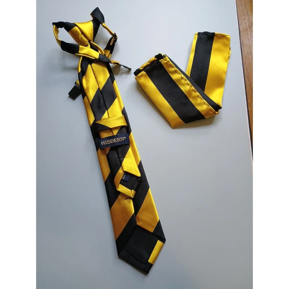 Boys Easy Zipper Tie‎ / Pocket Square Set (One Size) Black Yellow Repp Tie